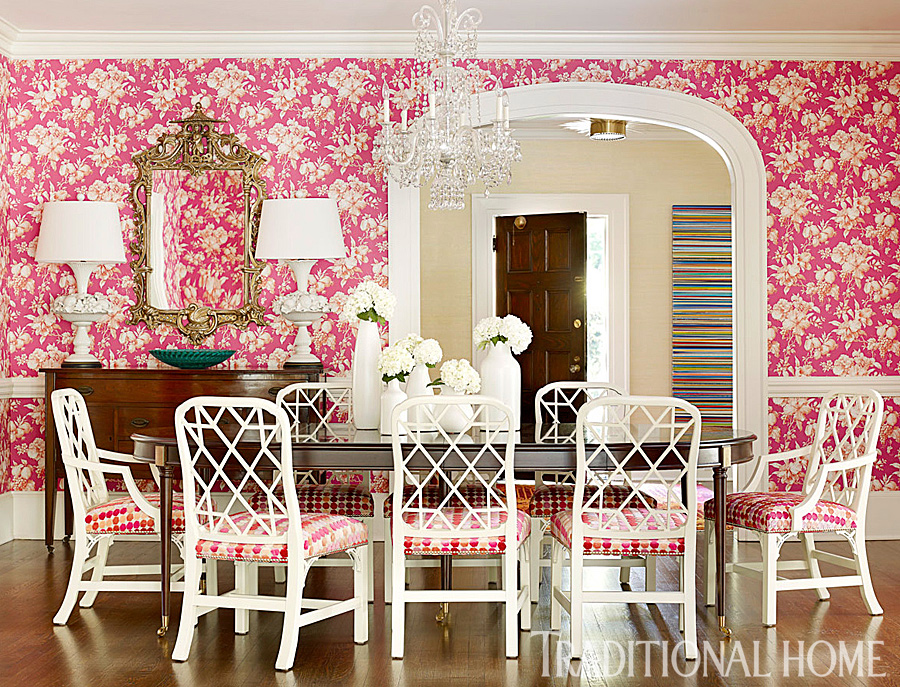 pink and gold dining room