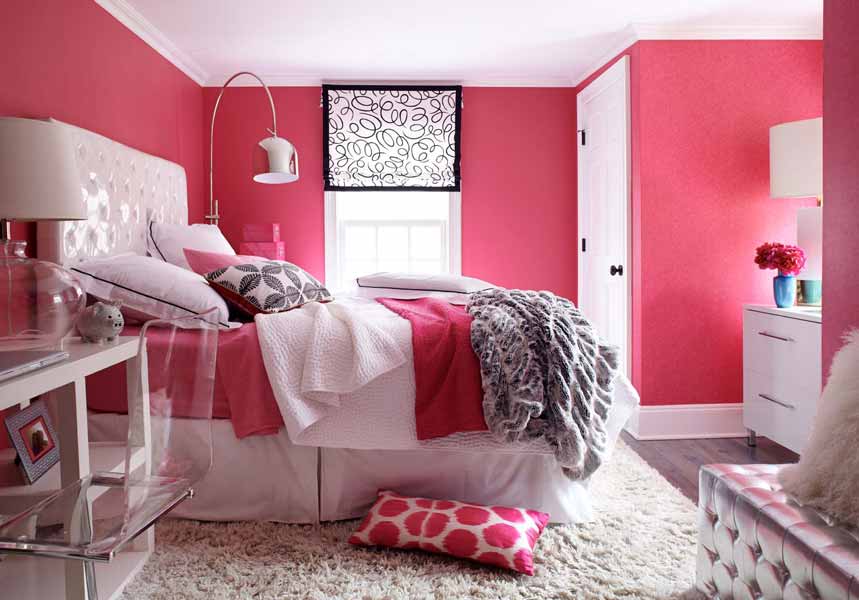bedroom pink walls yellow furniture