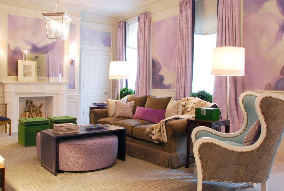living room purple green