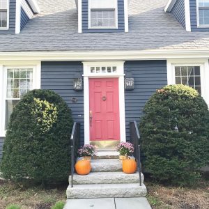 Benjamin Moore Hale Navy paint color exterior with red door