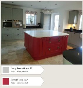 Kitchen island painted in Farrow & Ball Rectory Red. Kitchen cabinets are painted in Farrow & Ball Lamp Room Gray