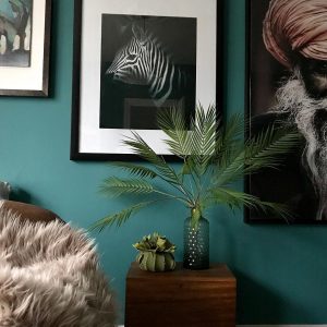 Teal paint color scheme living room painted in Farrow & Ball Vardo