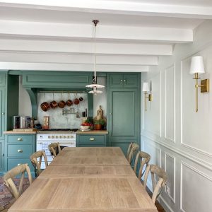 Farrow and Ball Smoke Green painted kitchen cabinets French provincial