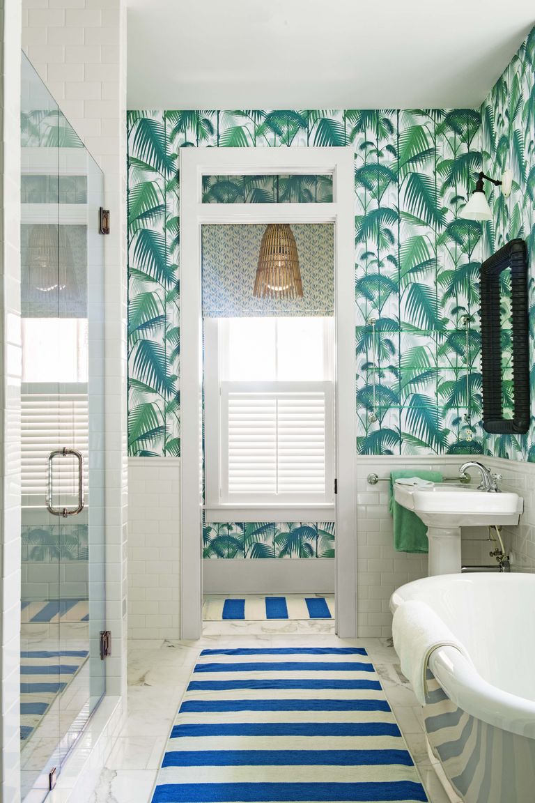 Palm-jungle-wallpaper-bathroom-interior-design-2020 - Interiors By Color