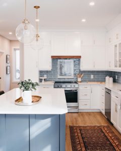 Blue Kitchen Island painted in Benjamin Moore Van Deusen Blue