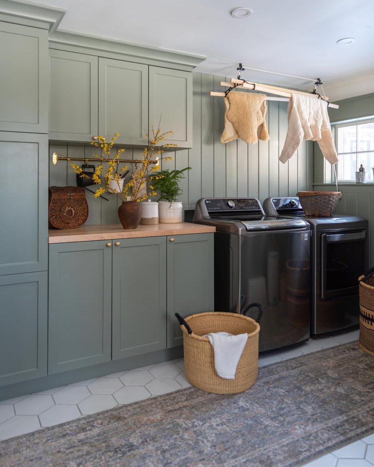Sherwin-Williams-Evergreen-Fog-paint-color-laundry-room - Interiors By ...