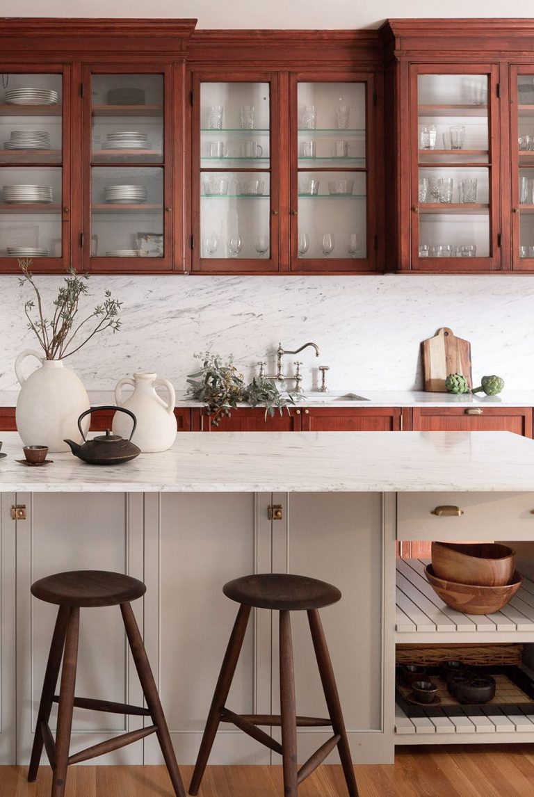 Two-toned kitchen cabinets wood and white - Interiors By Color