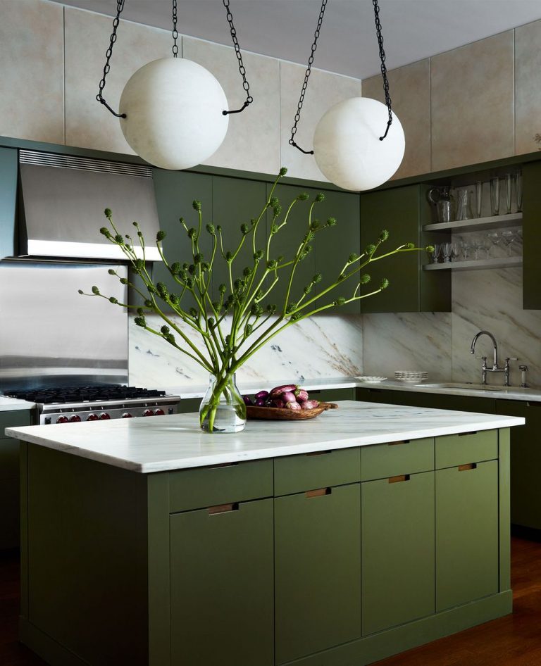 Behrs Russian Olive Green Kitchen Cabinets And Island 768x946 