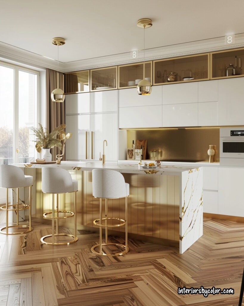 a_gold_and_white_kitchen_with_wooden_floors