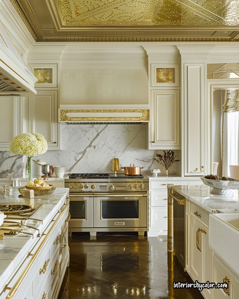 white and gold kitchen with gold ceiling