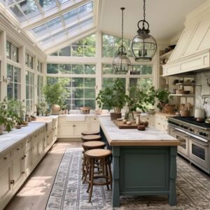 Bright & Airy Transitional Farmhouse Kitchen with Vaulted Ceiling & Skylights