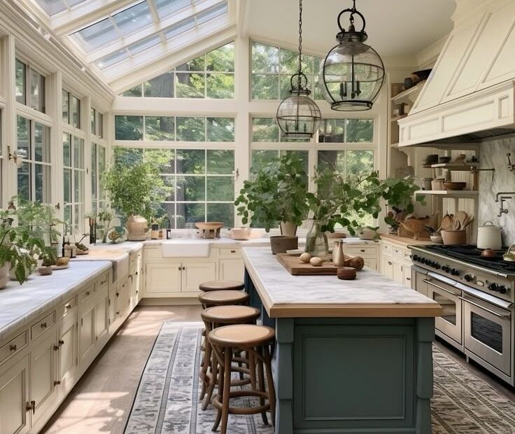 Bright & Airy Transitional Farmhouse Kitchen with Vaulted Ceiling & Skylights